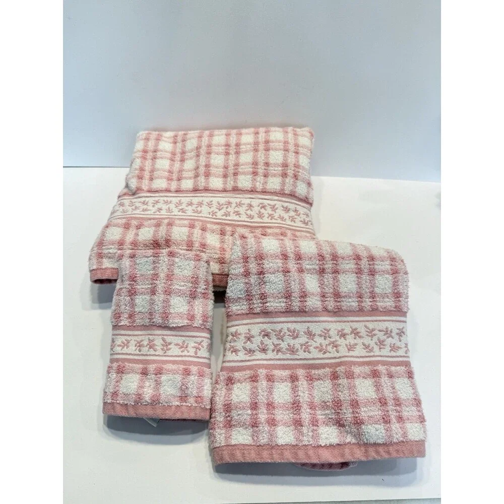 VTG Laura Ashley Pink Hand Towels Embroidered Checkered Striped Set of 3